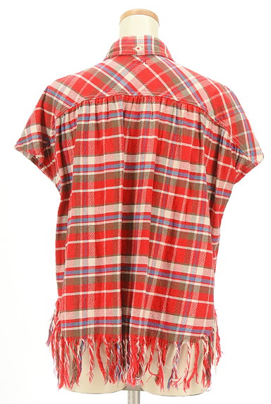 X-girl（エックスガール）の古着「裾フリンジチェック柄カジュアルシャツ（カジュアルシャツ）」大画像２へ