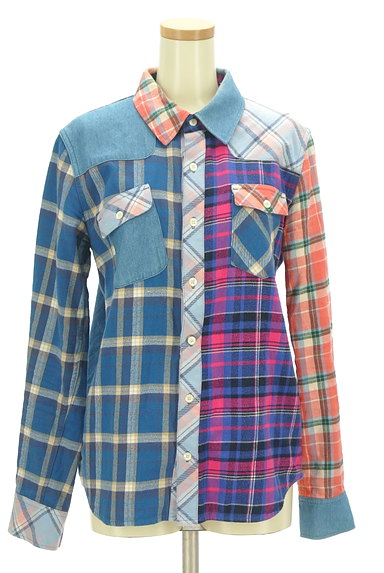X-girl（エックスガール）の古着「カラフルパッチワークチェックシャツ（カジュアルシャツ）」大画像１へ
