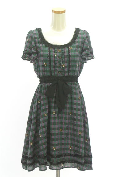 axes femme（アクシーズファム）の古着「ウエストリボン猫×チェック柄膝丈ワンピース（ワンピース・チュニック）」大画像１へ