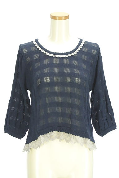 axes femme（アクシーズファム）の古着「チェック柄透かし編み七分袖ニットプルオーバー（ニット）」大画像１へ