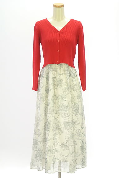 PROPORTION BODY DRESSING（プロポーションボディドレッシング）の古着「ニットカーデ×花柄シフォンキャミワンピセットアップ（ツーピース（ジャケット＋ワンピース））」大画像１へ