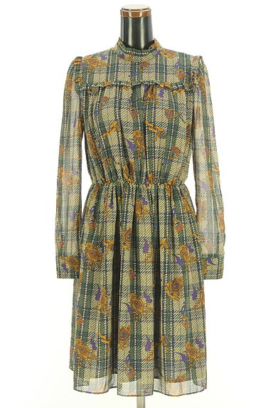 クリックで大画像表示 Lois CRAYON(ロイスクレヨン)の古着「チェック柄×エンブレム ボウタイシフォンワンピース(ワンピース・チュニック)」大画像1へ