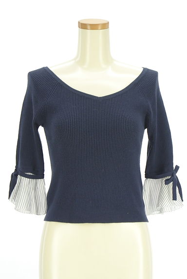 JILL by JILLSTUART（ジルバイジルスチュアート）の古着「袖ストライプ切替Vネックリブニットトップス（ニット）」大画像１へ