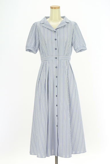 STRAWBERRY-FIELDS（ストロベリーフィールズ）の古着「オープンカラーストライプシャツワンピ（ワンピース・チュニック）」大画像１へ