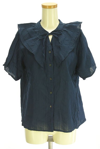 クリックで大画像表示 Samansa Mos2(サマンサモスモス)の古着「フリルカラーストライプコットンブラウス(ブラウス)」大画像1へ